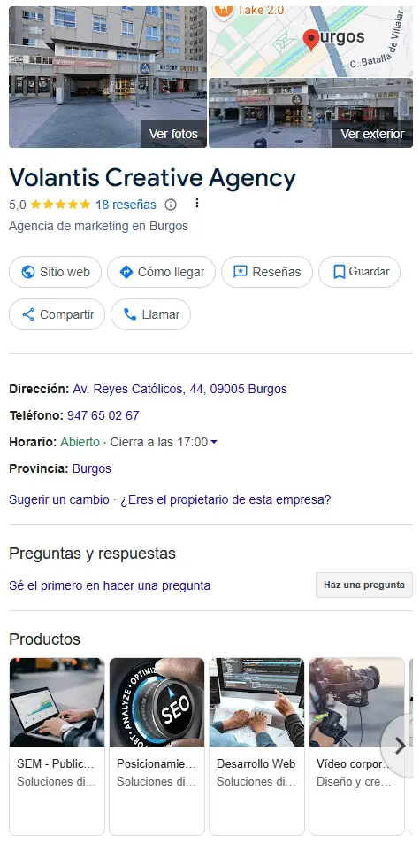 Ficha de google my bussiness de Volantis Creative