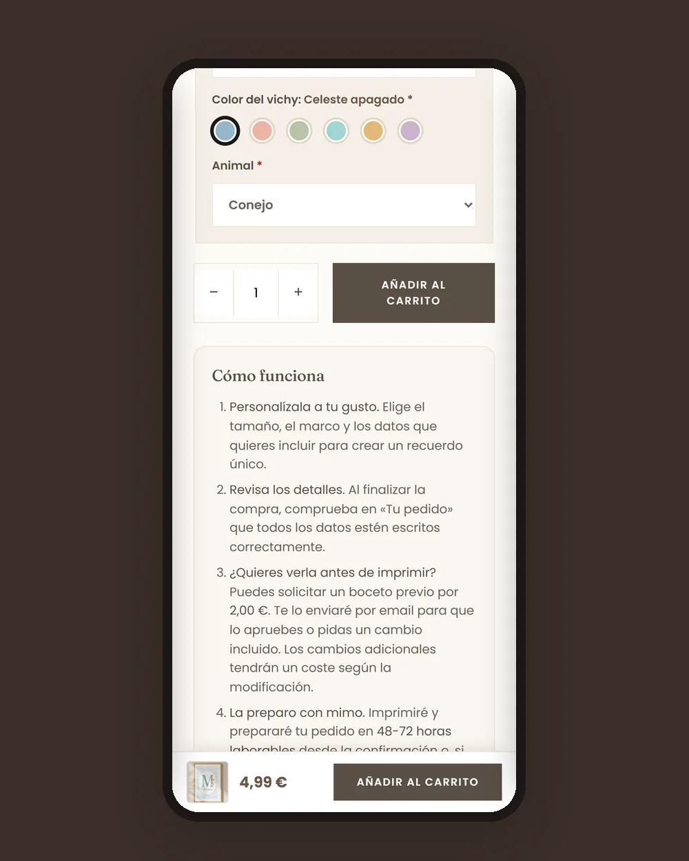 Personalización de la lámina y barra de compra fija en el móvil