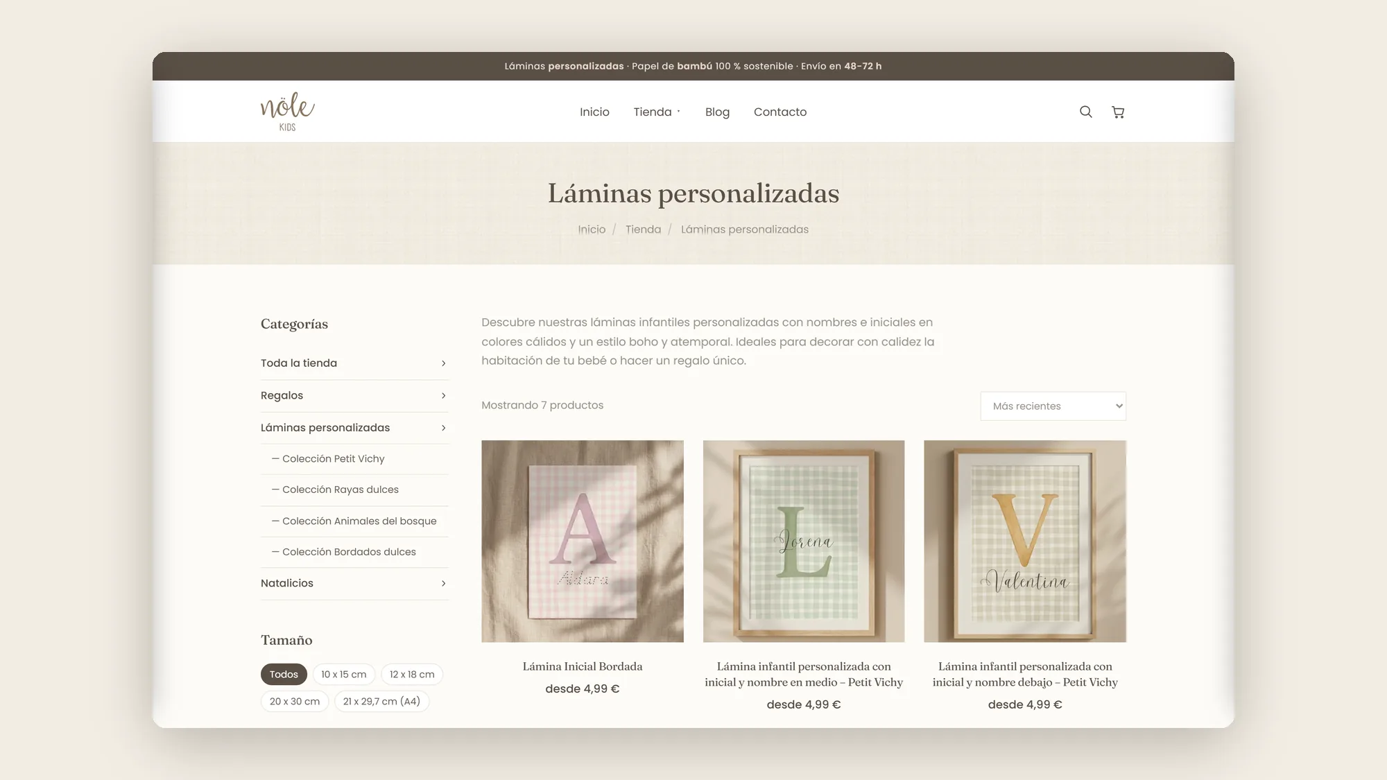 Categoría de láminas personalizadas de Nöle Kids con filtros por tamaño