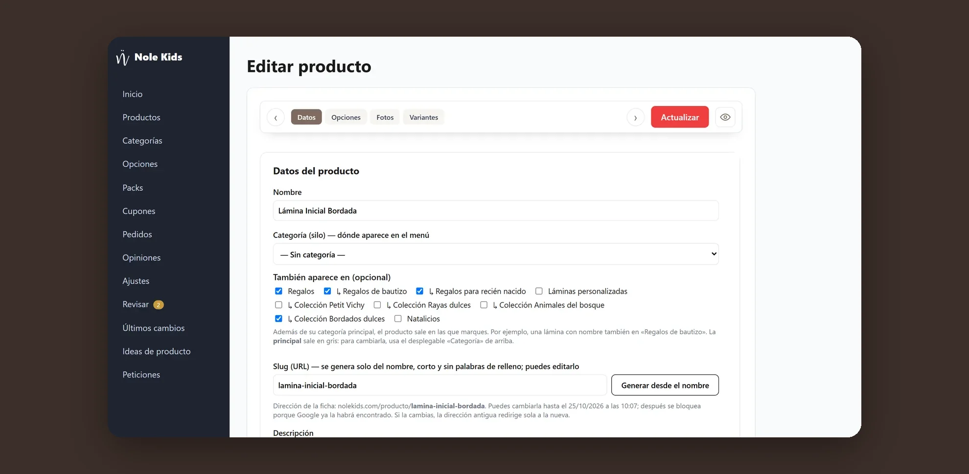 Panel de gestión de Nöle Kids: edición de un producto por pasos