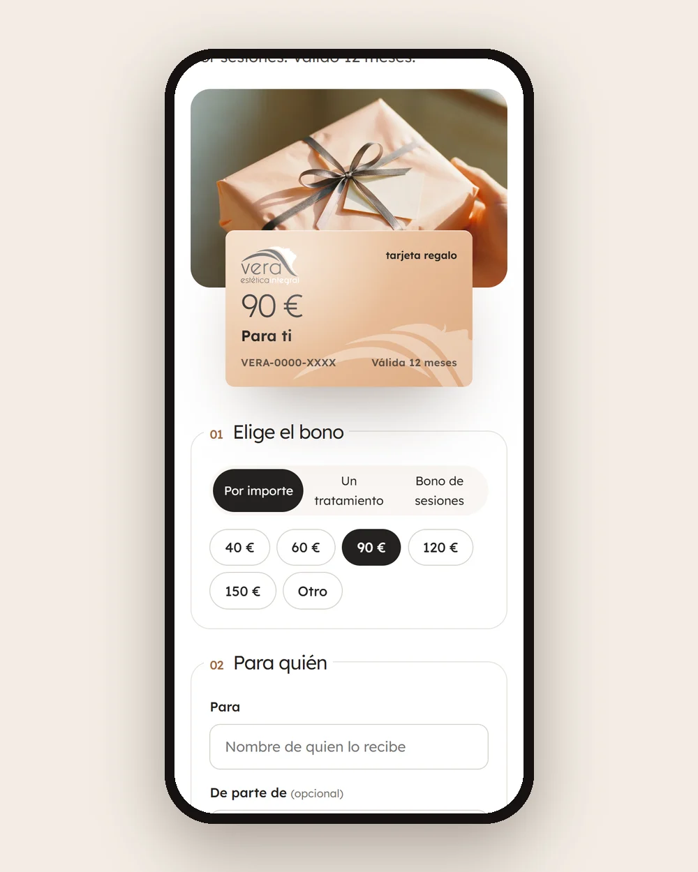 Configurador de bonos regalo de Vera en el móvil