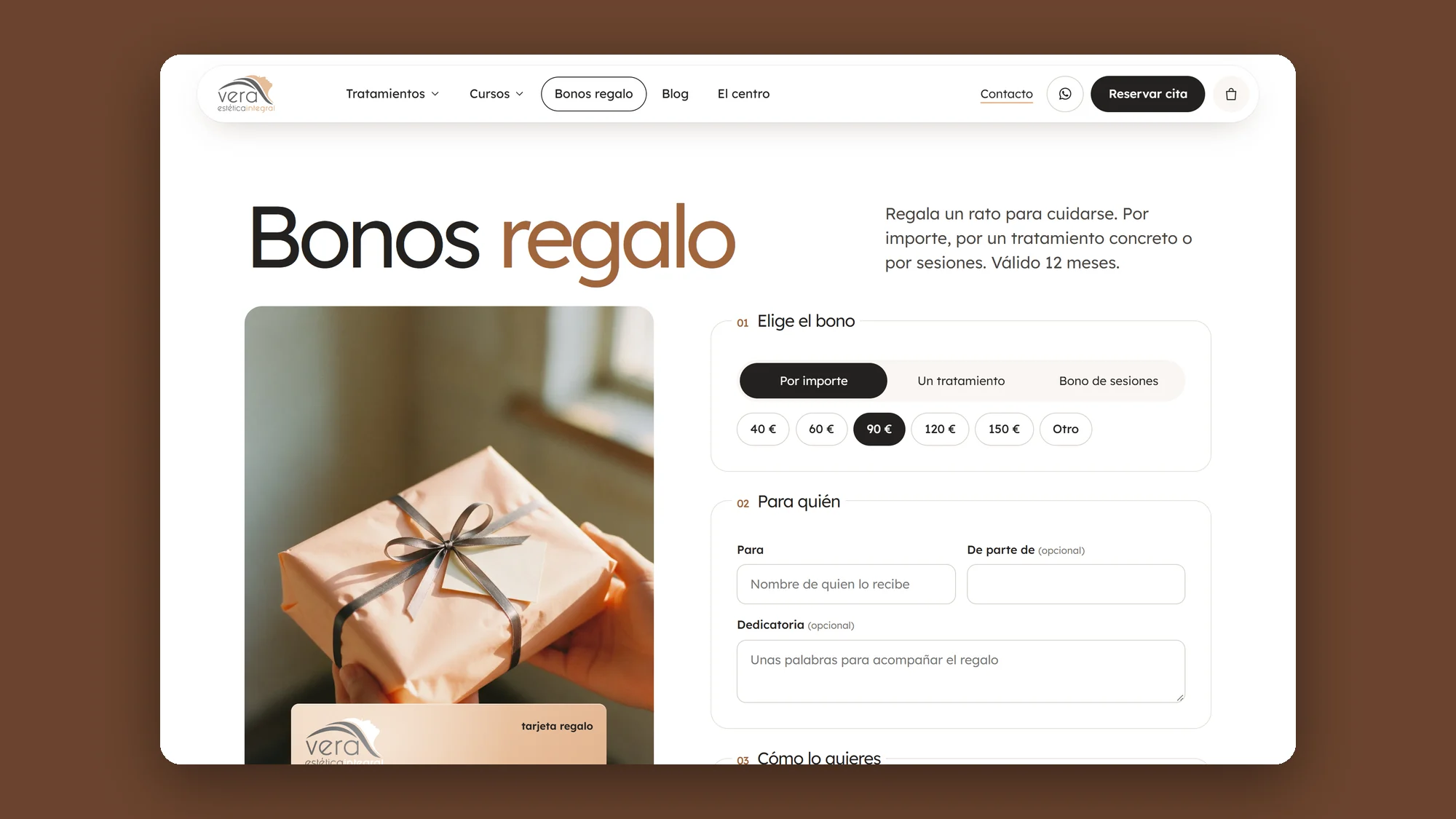 Configurador de bonos regalo de Vera Estética Integral en escritorio