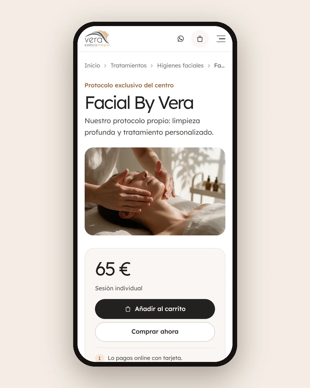 Ficha de un tratamiento de Vera en el móvil, con precio y botón de compra
