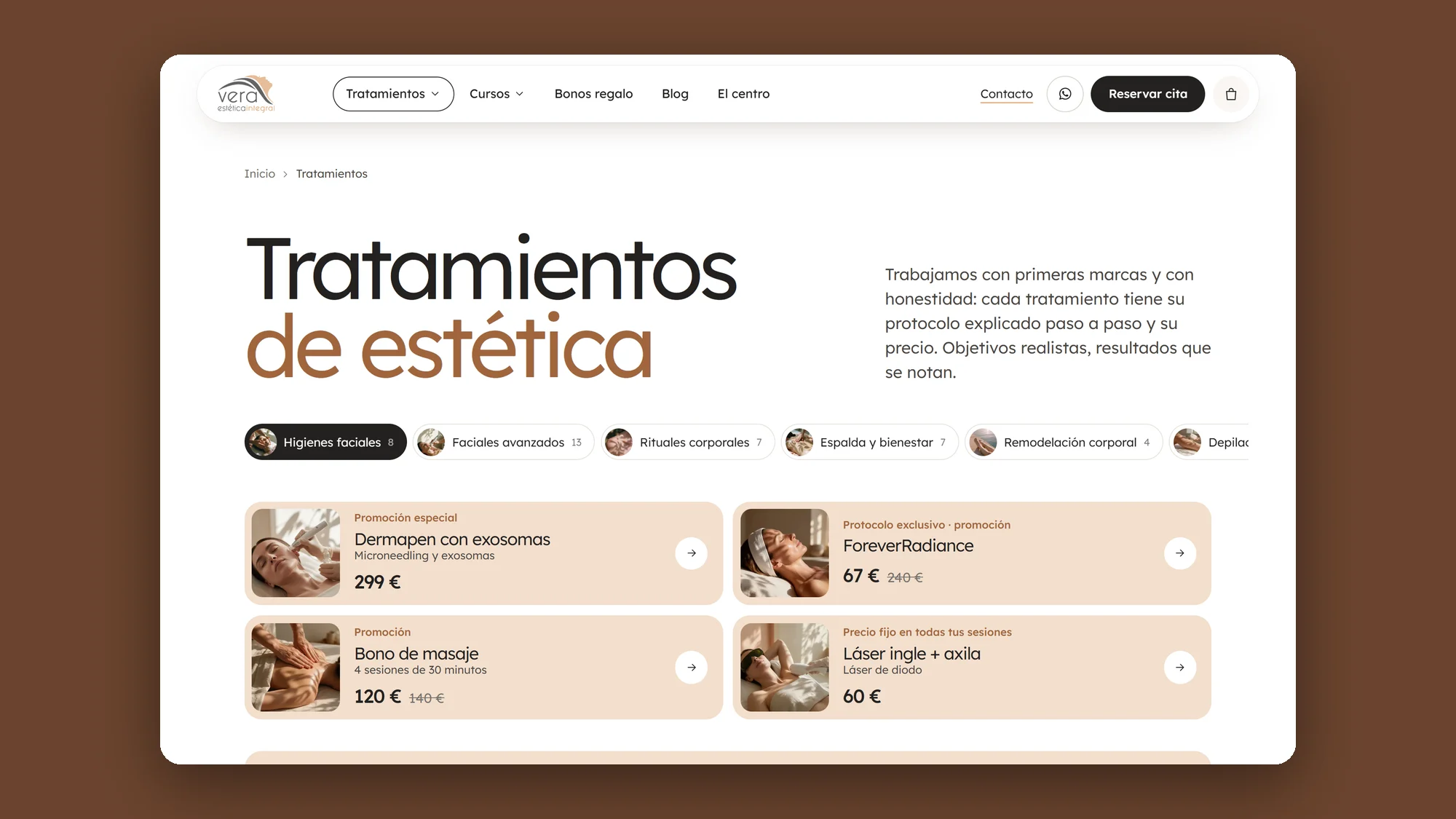 Carta de tratamientos de Vera Estética Integral por categorías